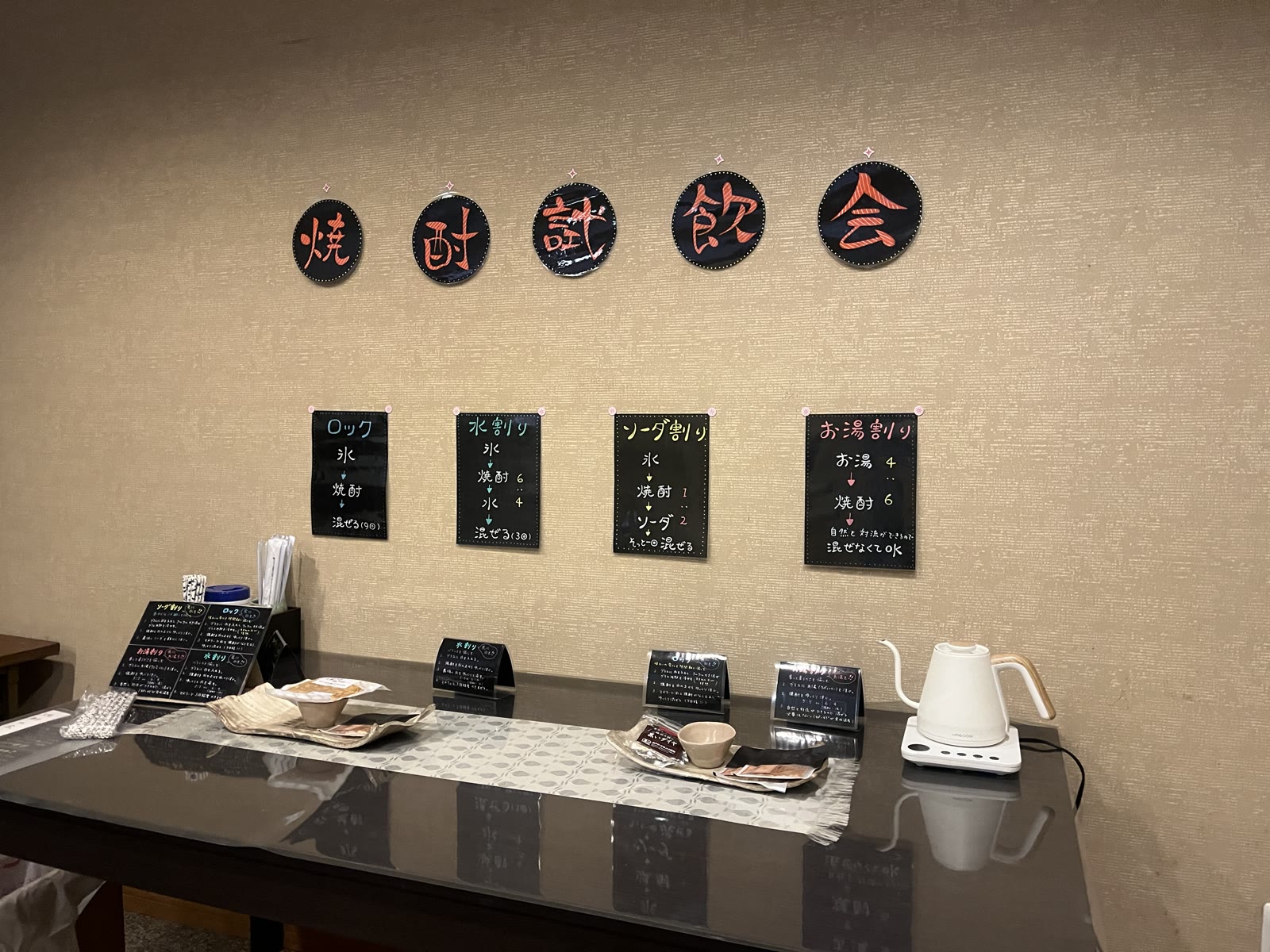 試飲会場に掲示した、ロック・水割り・ソーダ割り・お湯割りの割合を書いた黒板